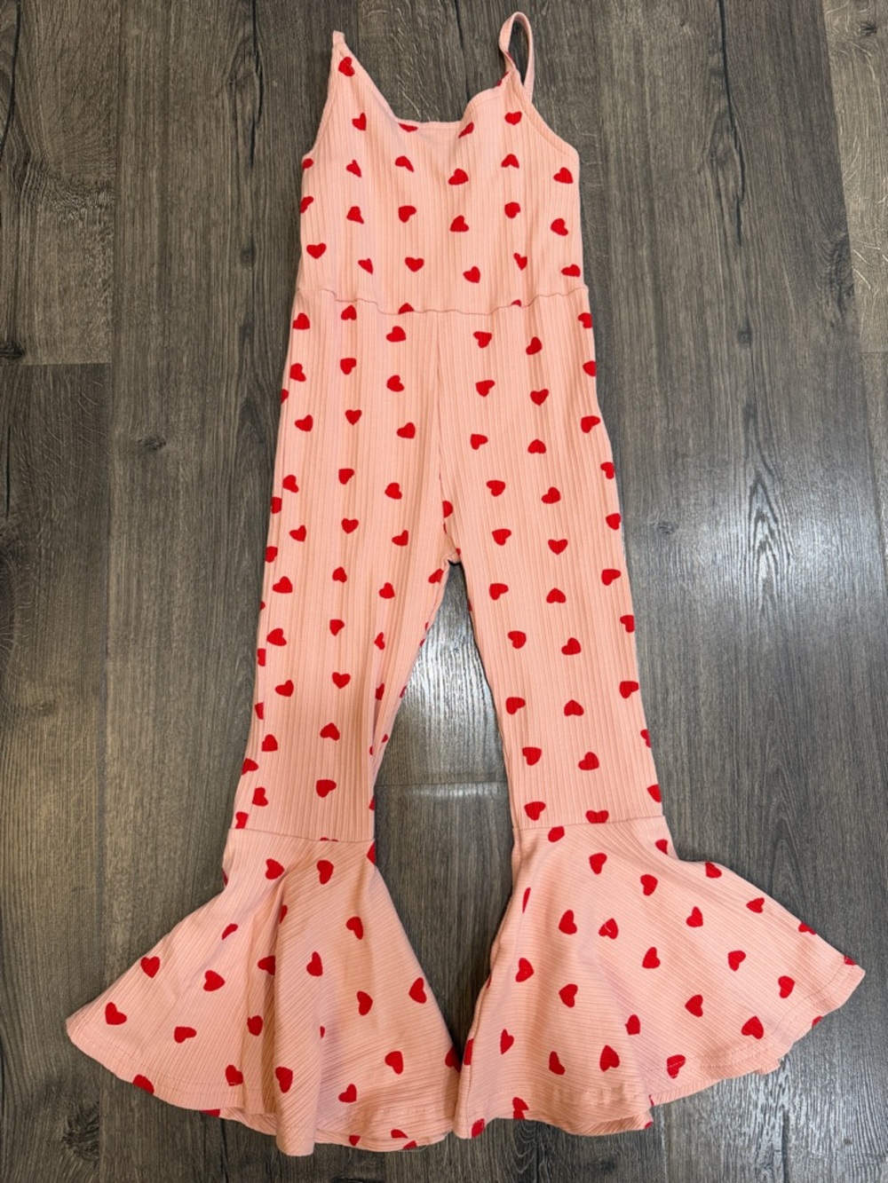 Girls Pink Heart Print Flared Romper Jumpsuit